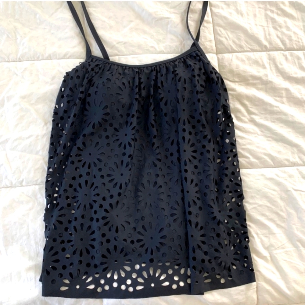 LUXE by Lisa Vogel Eyelet Swim Top, Black, S